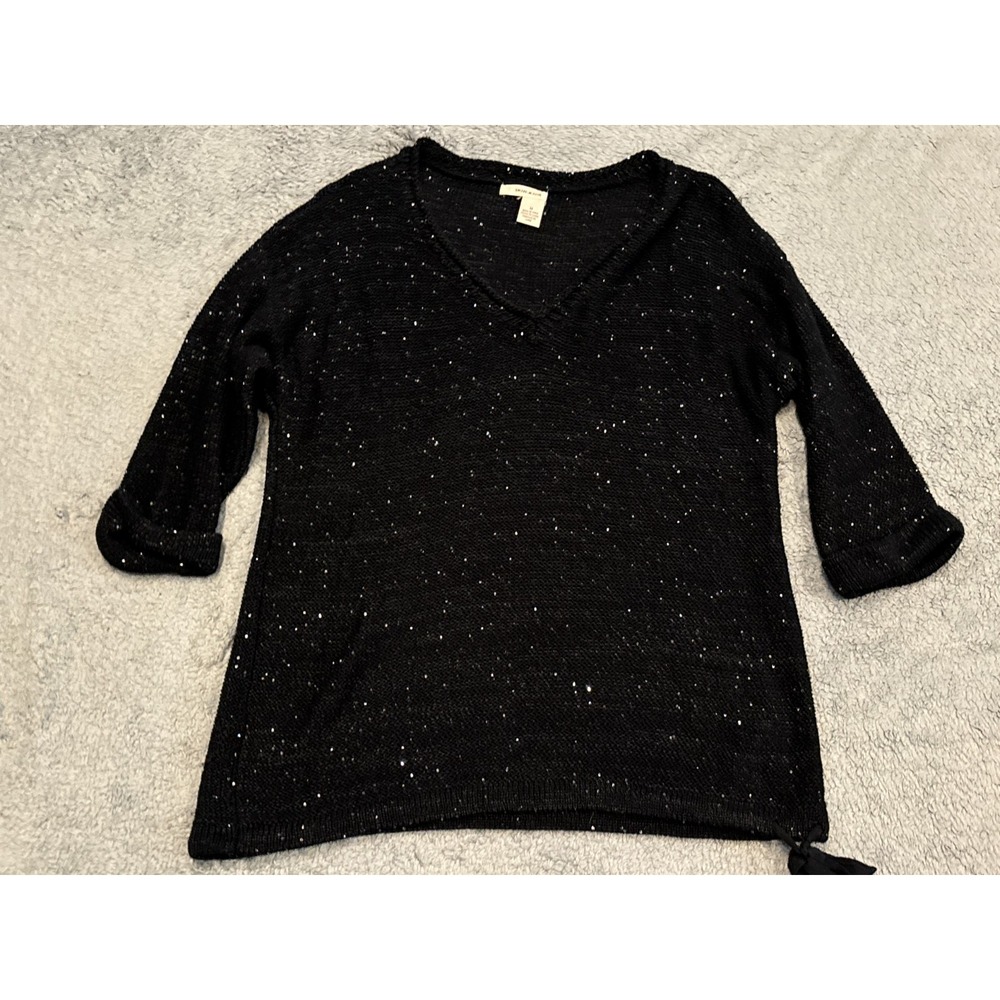 DKNY Jeans Womens Medium Black Silver Sequin Holiday Sparkle V-Neck Sweater